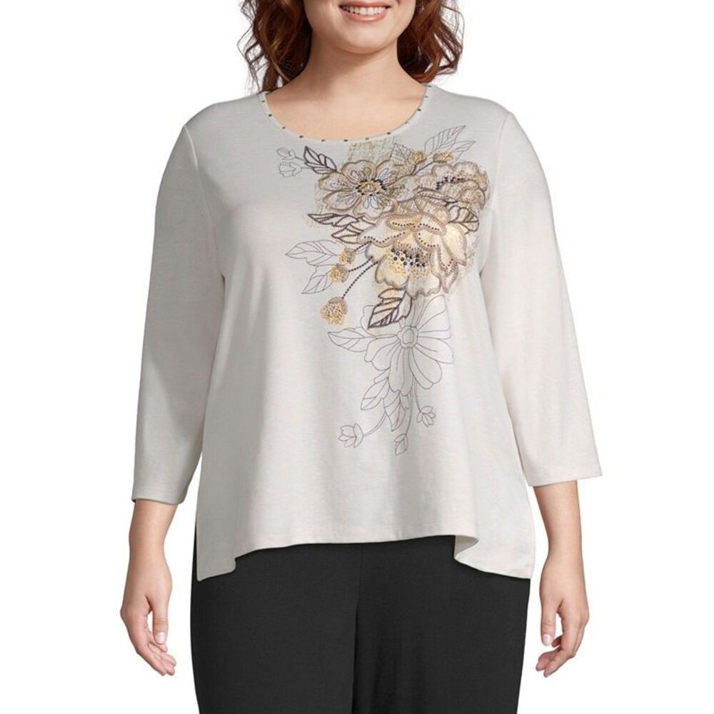 Alfred Dunner Travel Light Embellished 3/4 Sleeve Shirt - Oatmeal - Size 3X